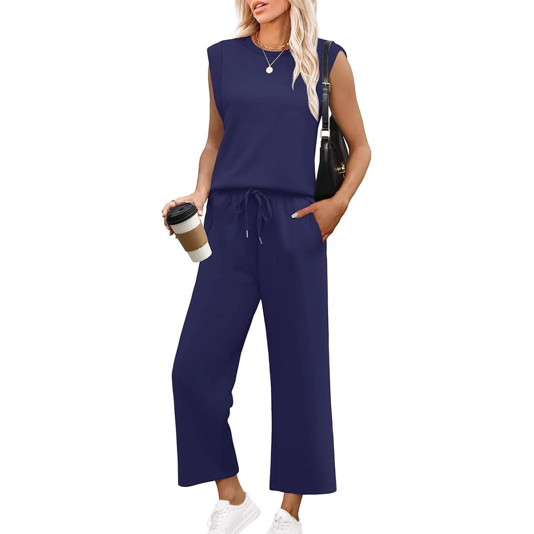 Women's black sleeveless lounge set with matching top and bottoms