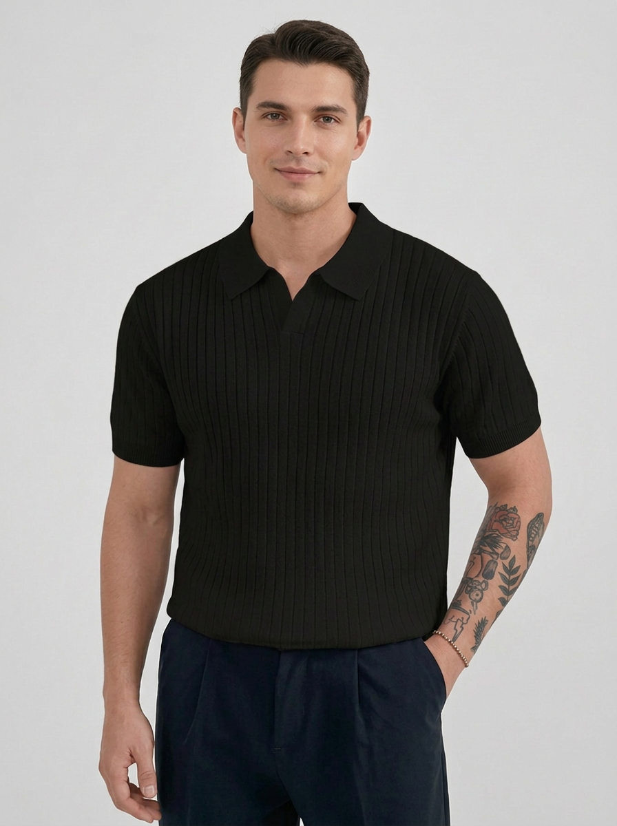 Men's white ribbed polo shirt with textured knit and classic collar