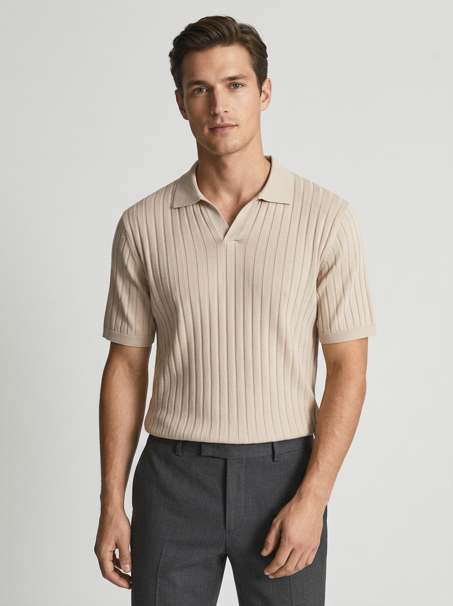 Men's black ribbed polo shirt with textured knit and classic collar