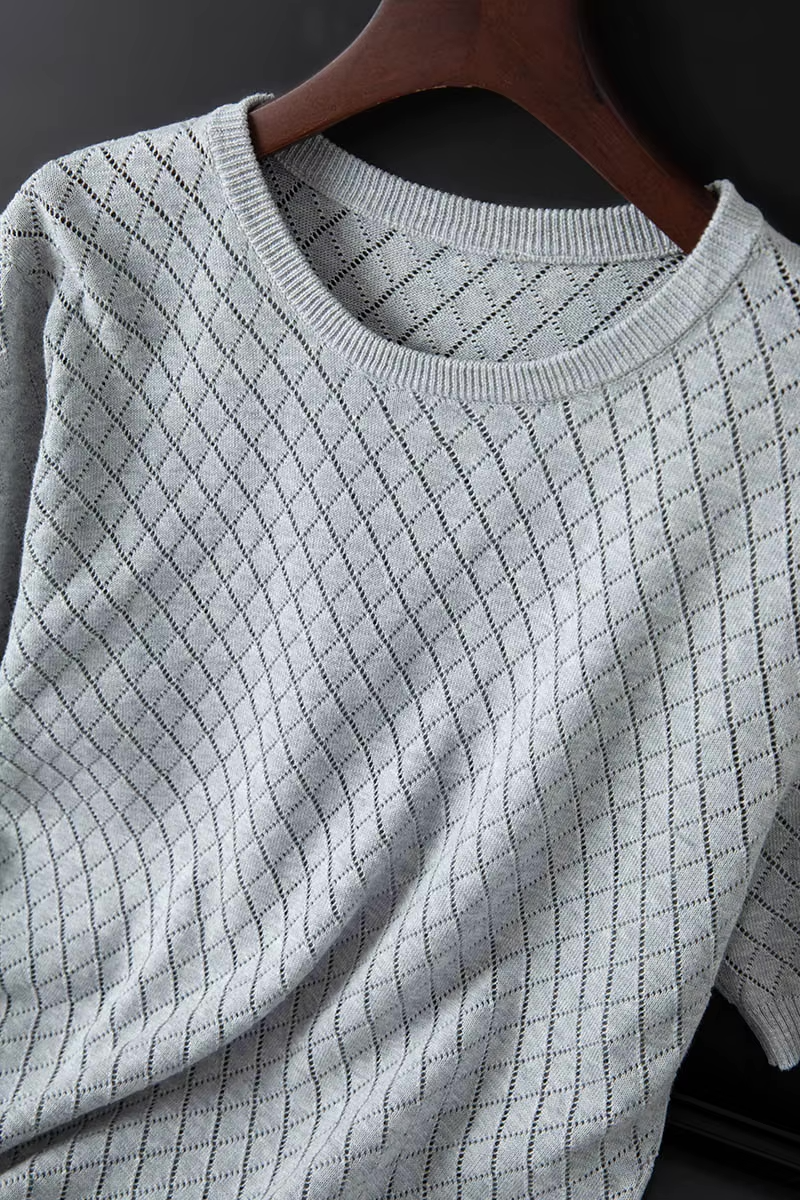 Men's black knitted cotton t-shirt with fine knit texture