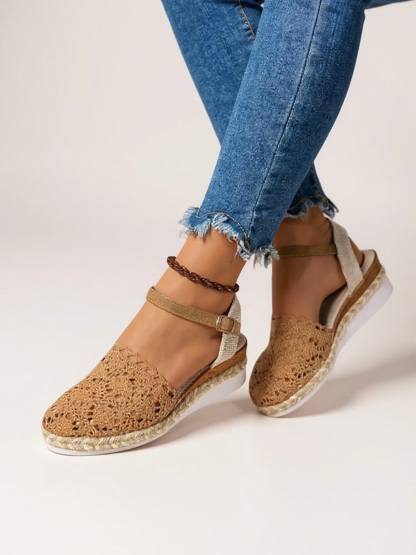 Women's brown espadrille wedge sandals with adjustable ankle strap