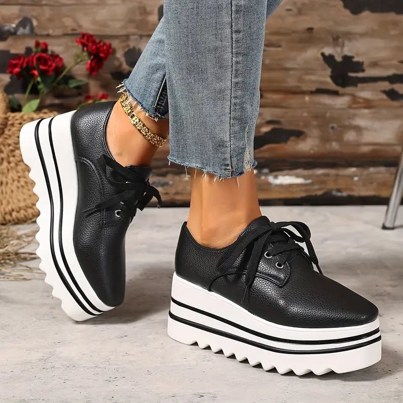 Women's beige lace-up platform oxford shoes on striped wedge sole