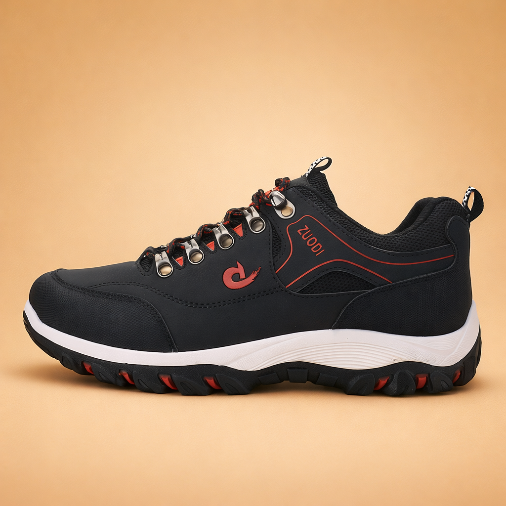 Men's brown trail hiking shoes with grip outsole and mesh upper