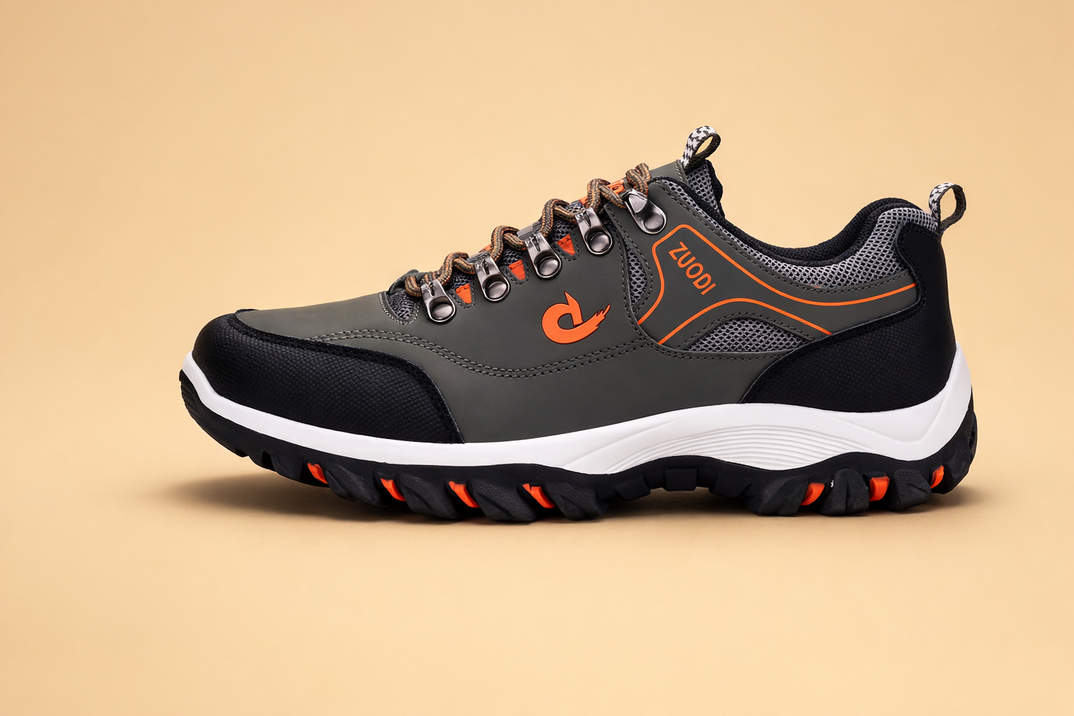 Men's brown trail hiking shoes with grip outsole and mesh upper