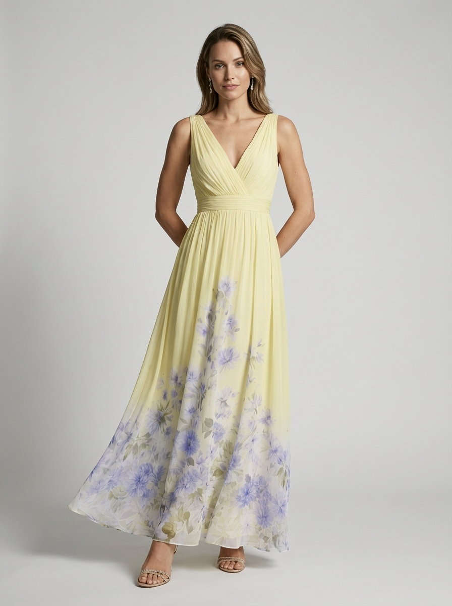 Women's light blue floral maxi dress with v-neckline and flowing skirt