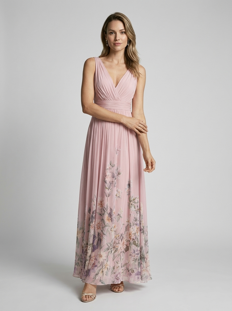 Women's navy blue floral maxi dress with v-neckline and flowing skirt