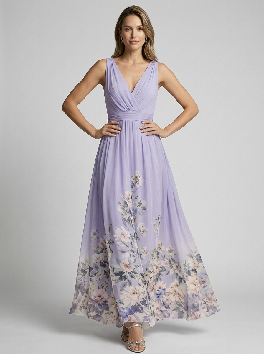 Women's navy blue floral maxi dress with v-neckline and flowing skirt