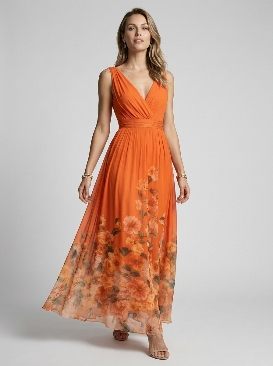 Women's navy blue floral maxi dress with v-neckline and flowing skirt