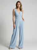 Women's light blue sleeveless wide leg jumpsuit with v-neck
