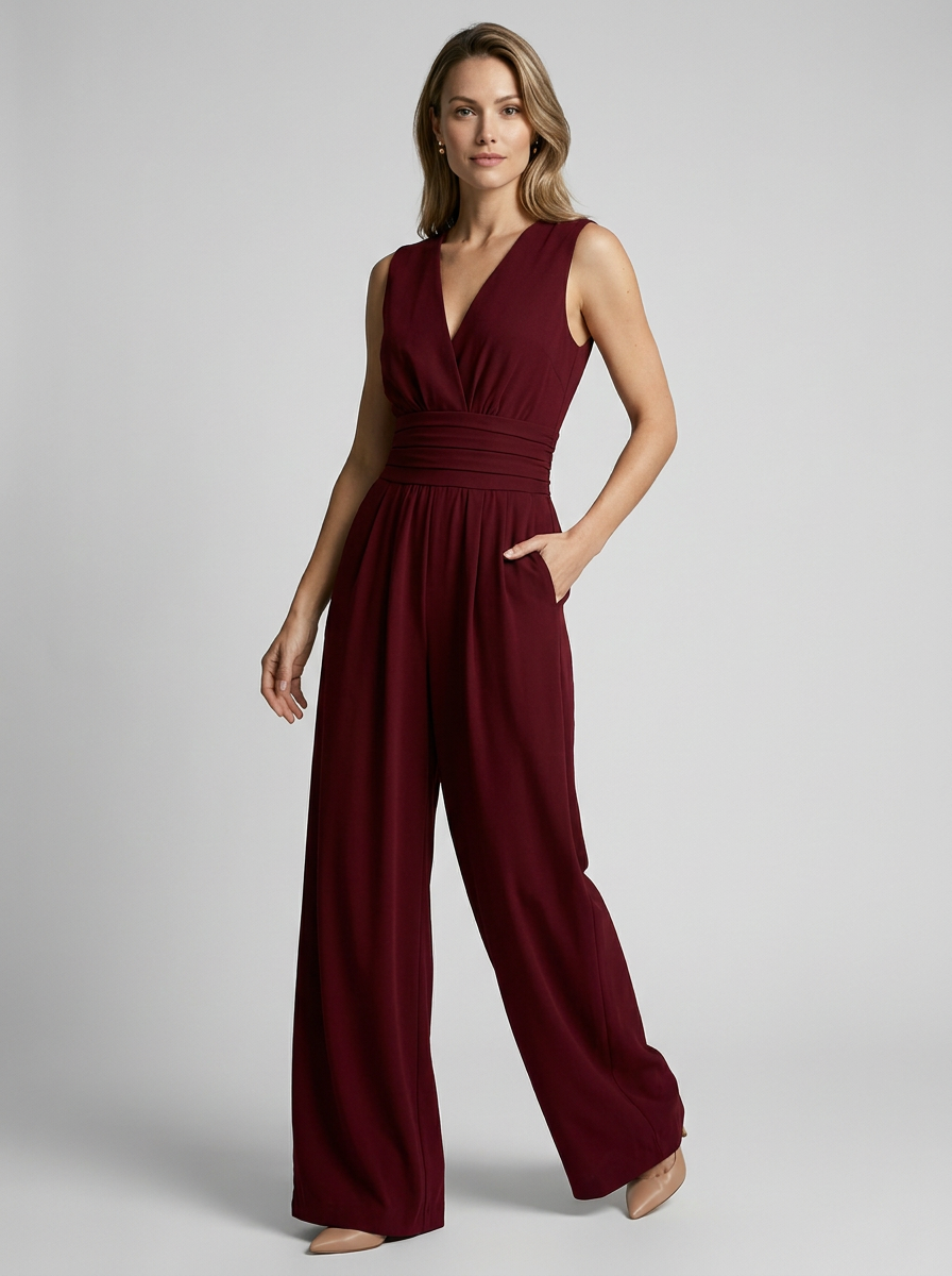 Women's light blue sleeveless wide leg jumpsuit with v-neck