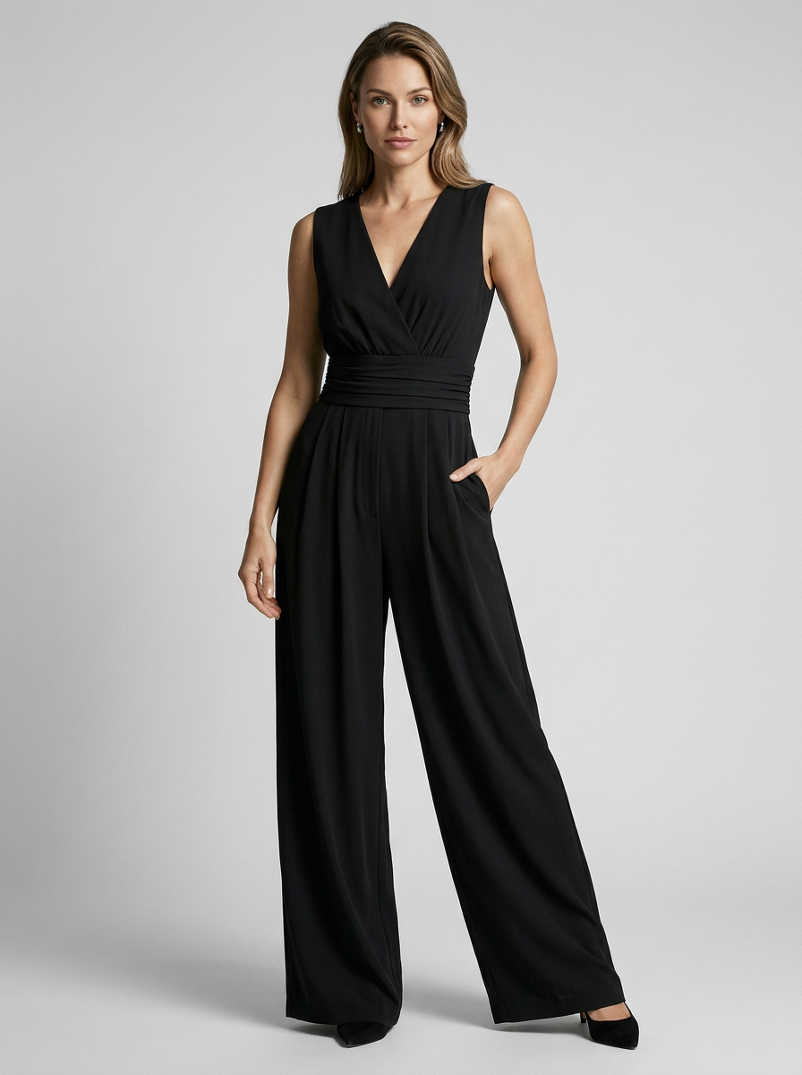 Women's light blue sleeveless wide leg jumpsuit with v-neck