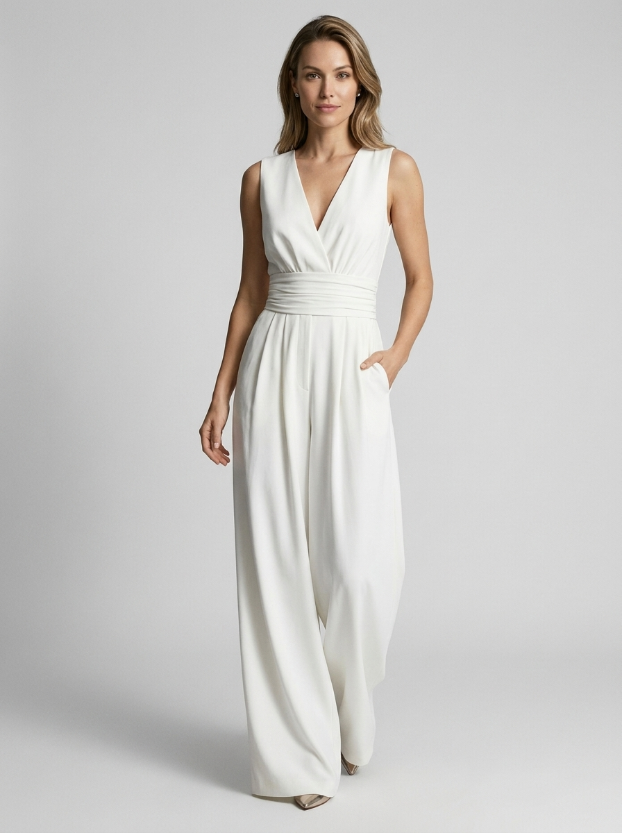 Women's light blue sleeveless wide leg jumpsuit with v-neck