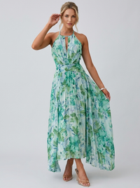 Estelle | Women's Pleated Floral Midi Dress with Halterneck for Weddings