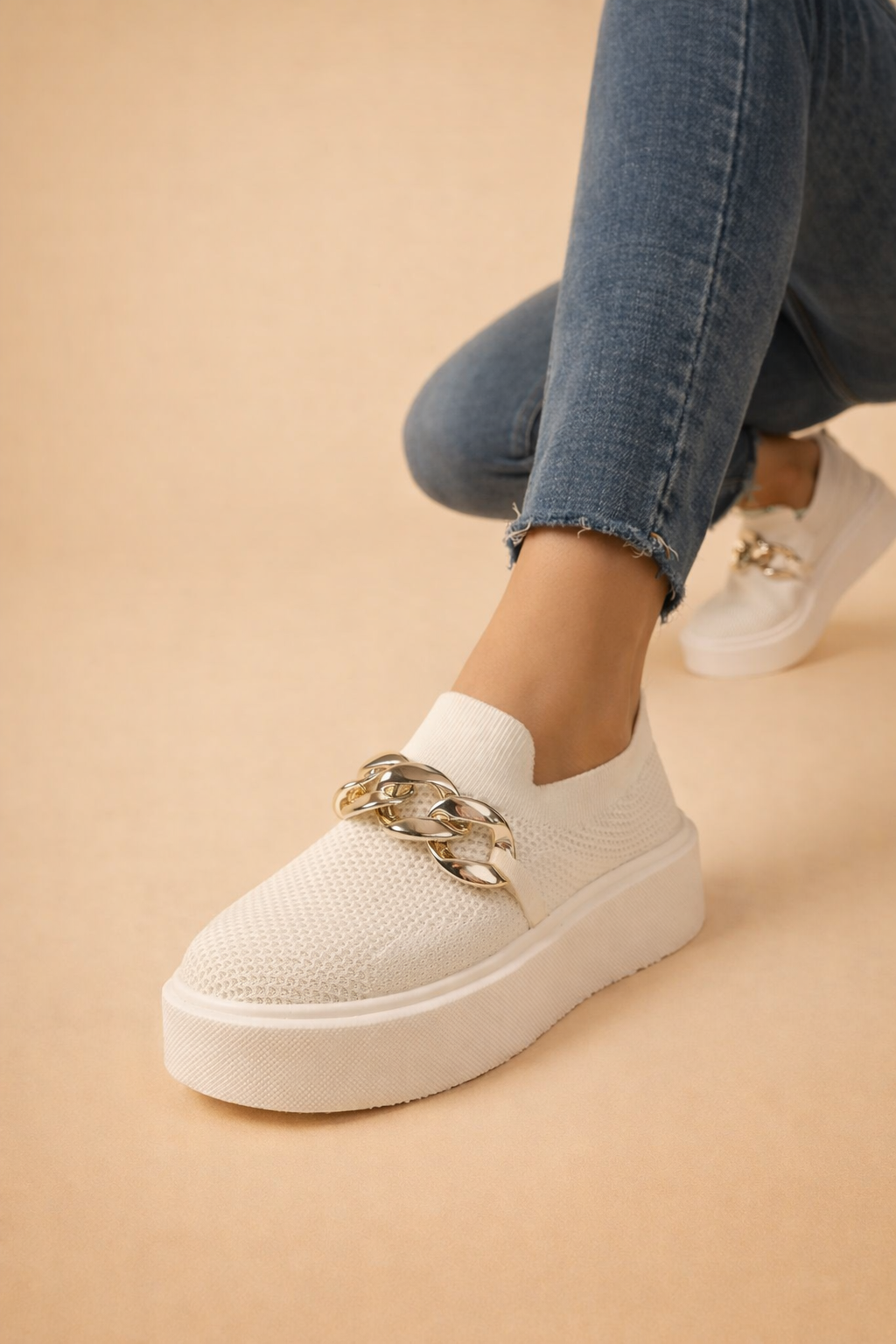 Women's brown knit platform slip-on sneakers with chunky sole