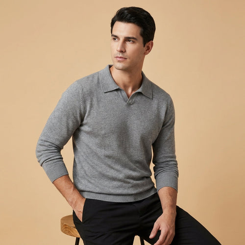 Men's grey knitted polo sweater with long sleeves and soft knit