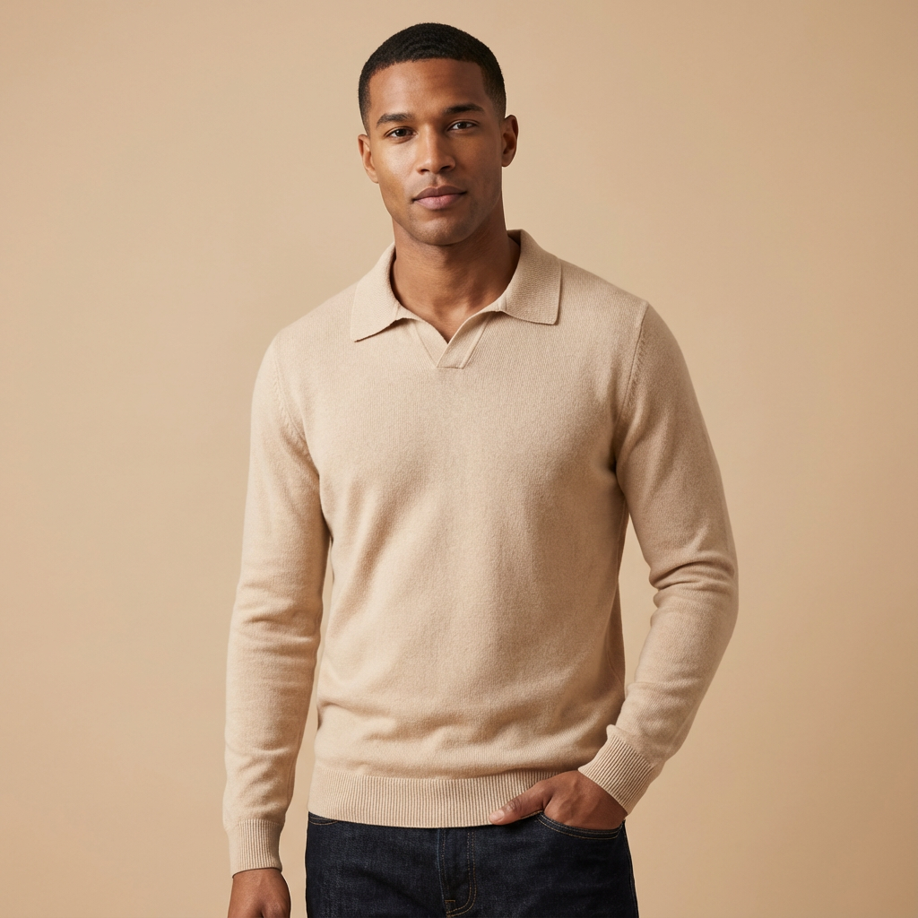 Men's grey knitted polo sweater with long sleeves and soft knit