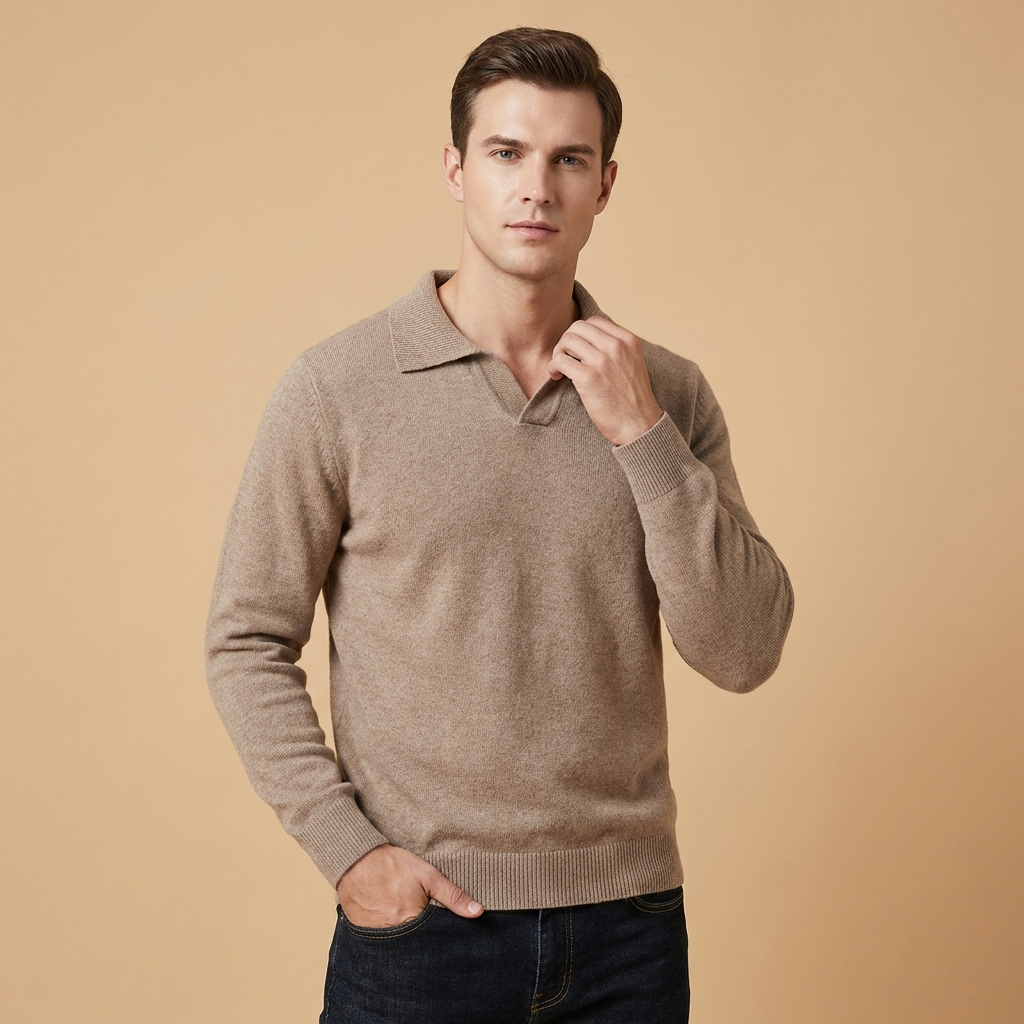 Men's grey knitted polo sweater with long sleeves and soft knit