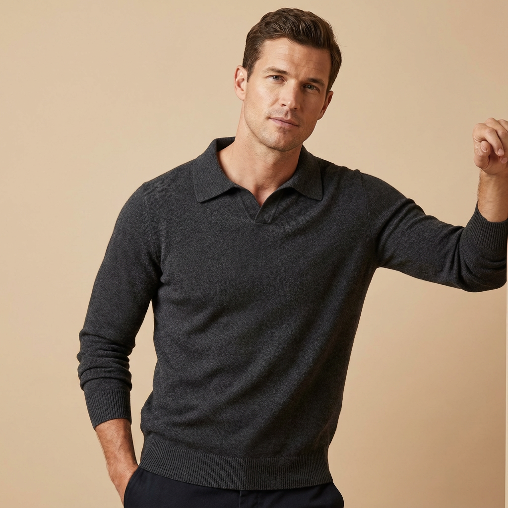 Men's khaki knitted polo sweater with long sleeves and soft knit