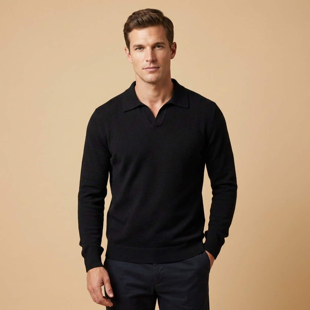 Men's khaki knitted polo sweater with long sleeves and soft knit