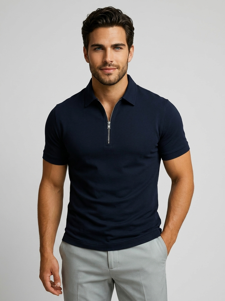 Men's black slim fit zip polo shirt with stand-up collar