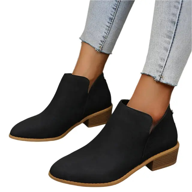 Women's brown low block heel ankle boots with pointed toe