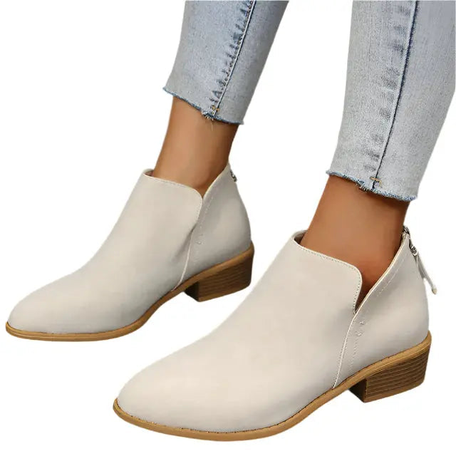 Women's brown low block heel ankle boots with pointed toe