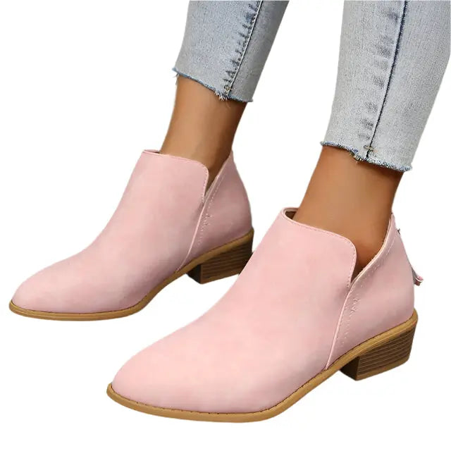 Women's brown low block heel ankle boots with pointed toe