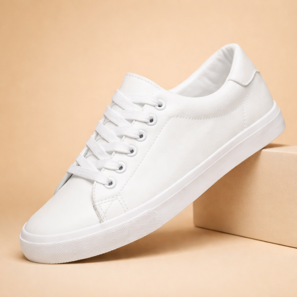 Men's white and black classic low-top sneakers with leather look upper