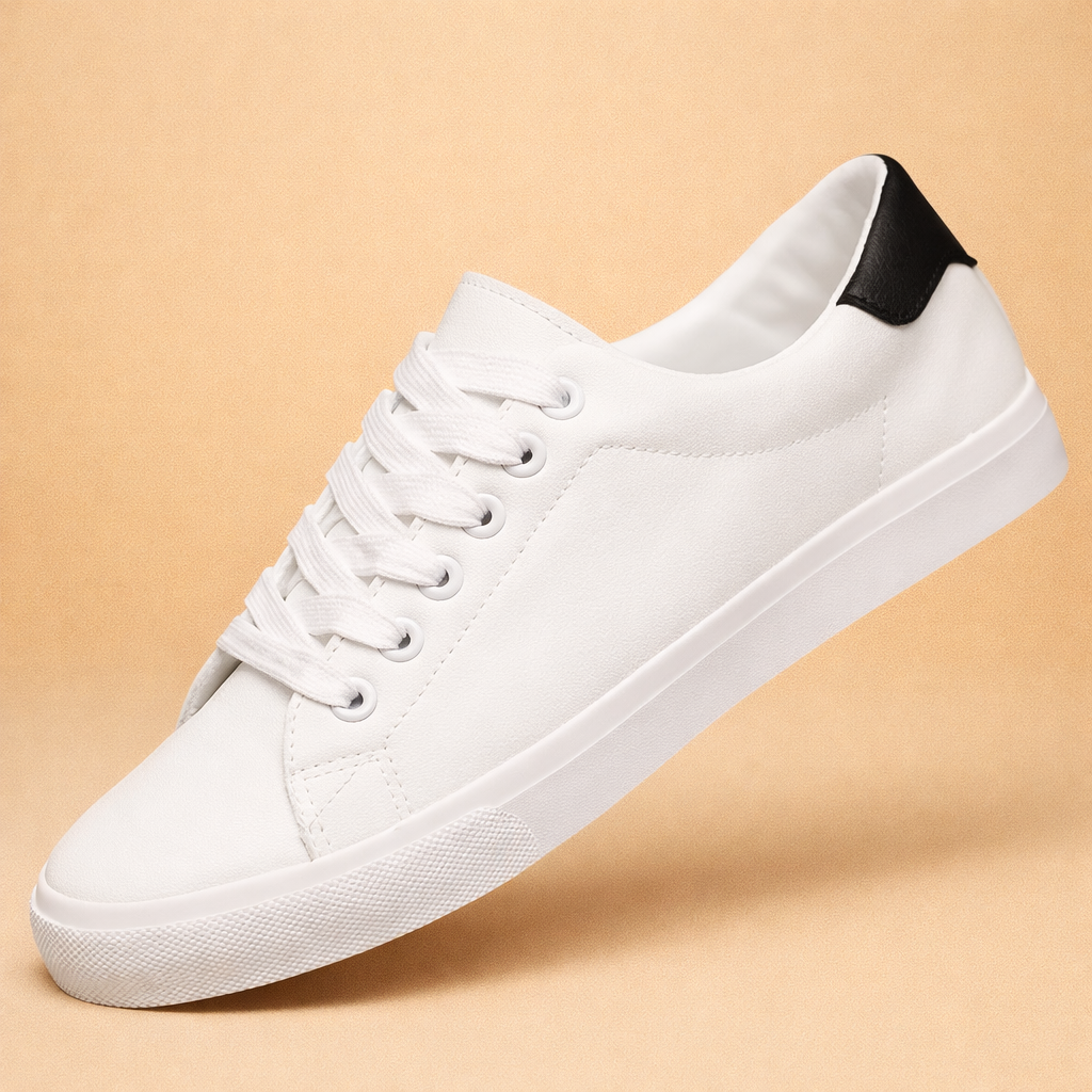 Men's white and black classic low-top sneakers with leather look upper