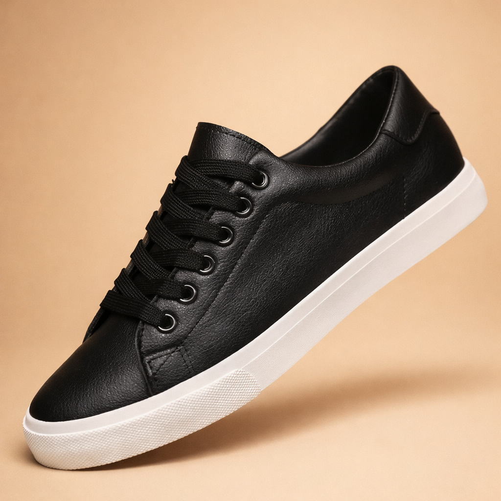Men's white and black classic low-top sneakers with leather look upper