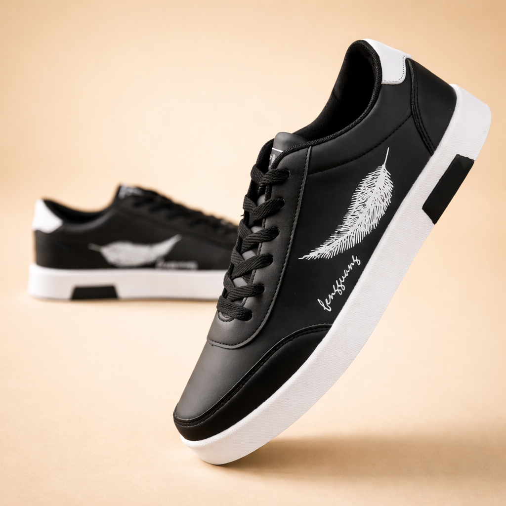 Men's white and black classic low-top sneakers with leather look upper