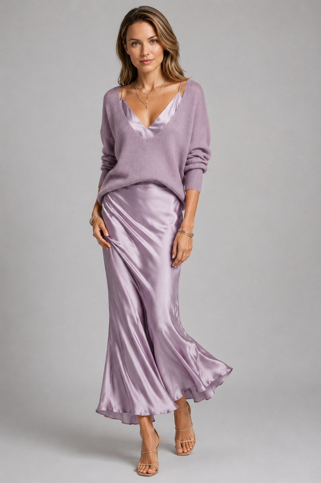 Women's white satin maxi dress with matching knit jumper set