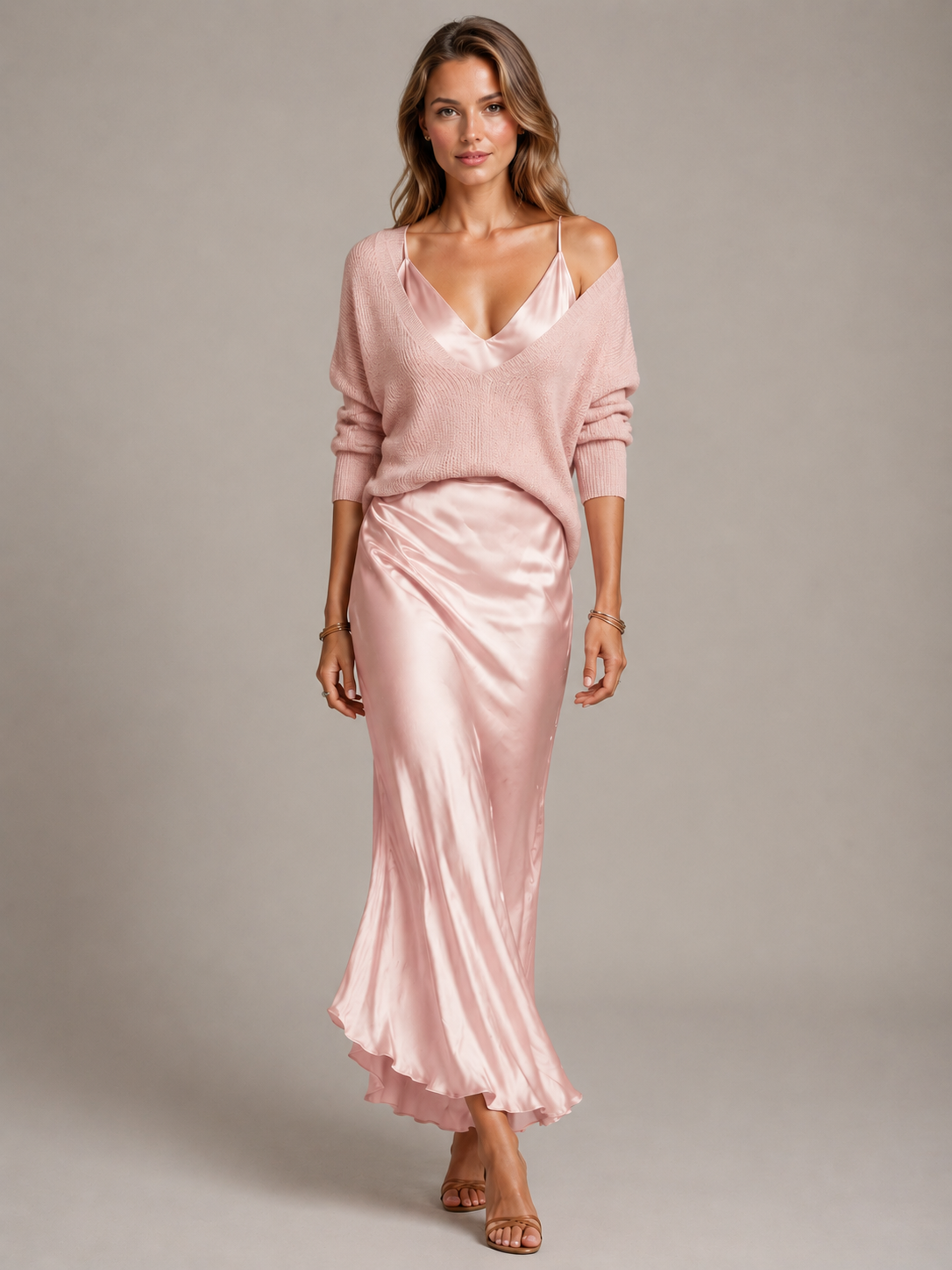 Women's white satin maxi dress with matching knit jumper set