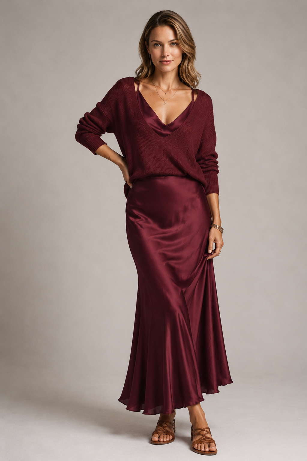 Women's black satin maxi dress with matching knit jumper set