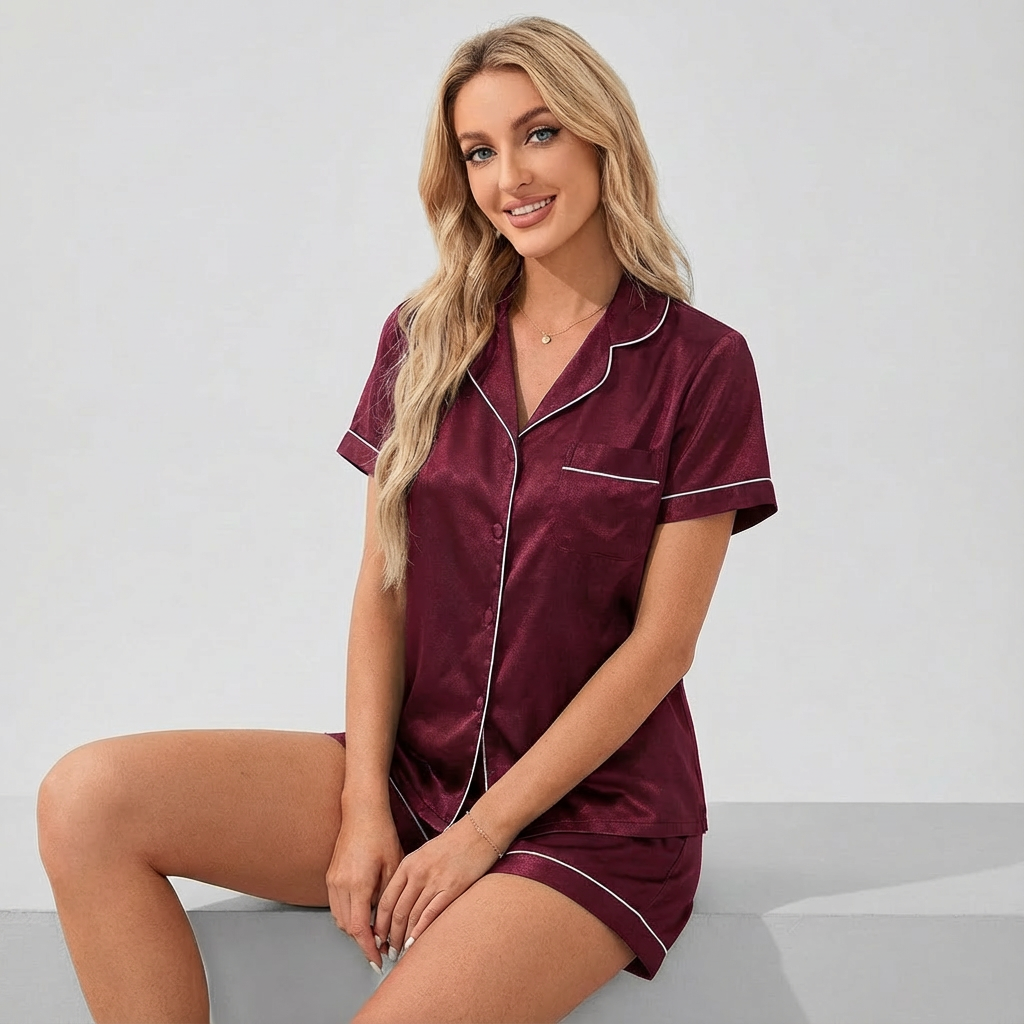 Women's green satin pyjama set with glossy top and matching bottoms