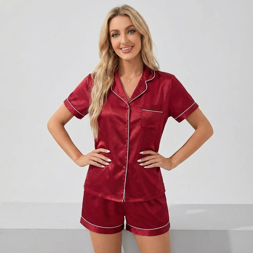 Women's green satin pyjama set with glossy top and matching bottoms