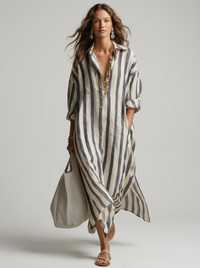 Marina | Women's Striped Maxi Shirt Dress with V-Neck for Resort and Beach Wear