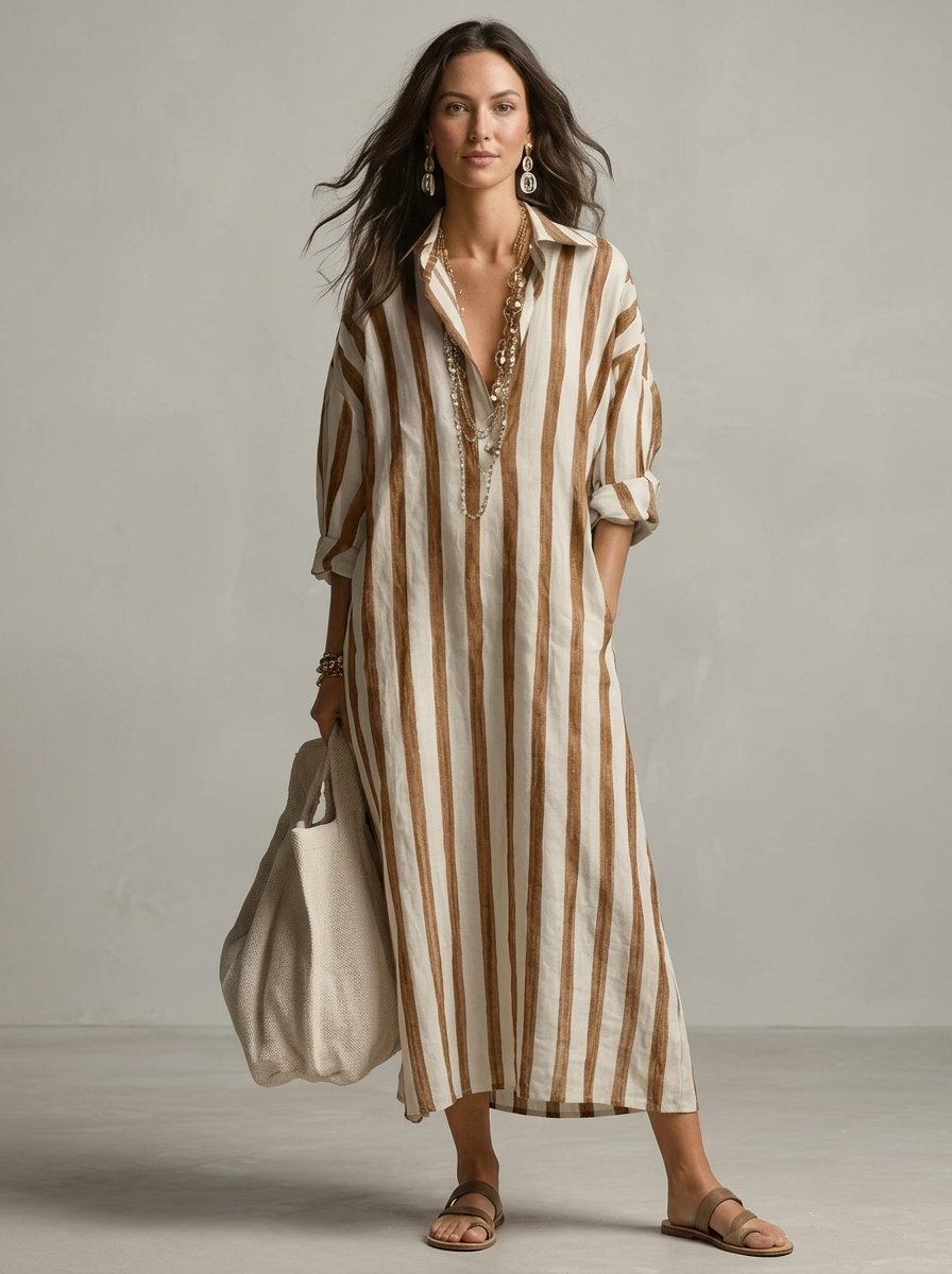 Women's blue striped maxi shirt dress with v-neck