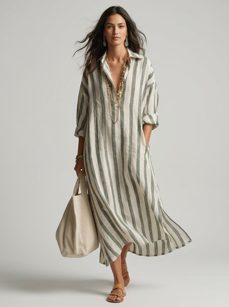 Women's blue striped maxi shirt dress with v-neck