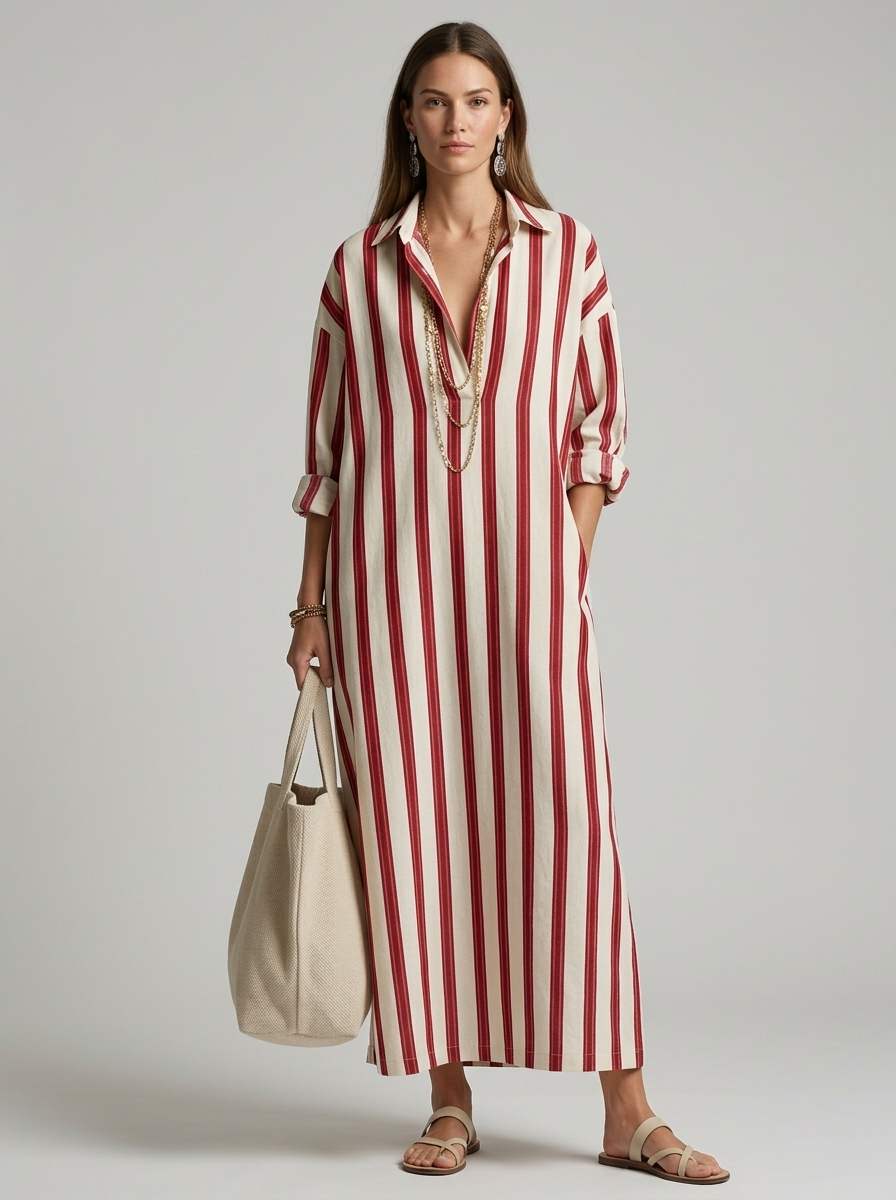 Women's blue striped maxi shirt dress with v-neck