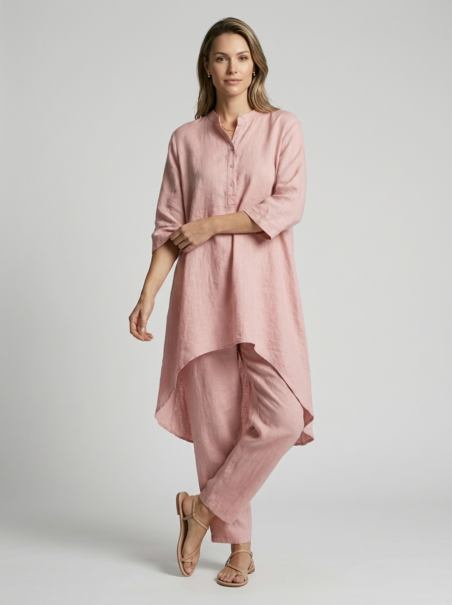 Women's white tunic and pants two piece set with loose fit