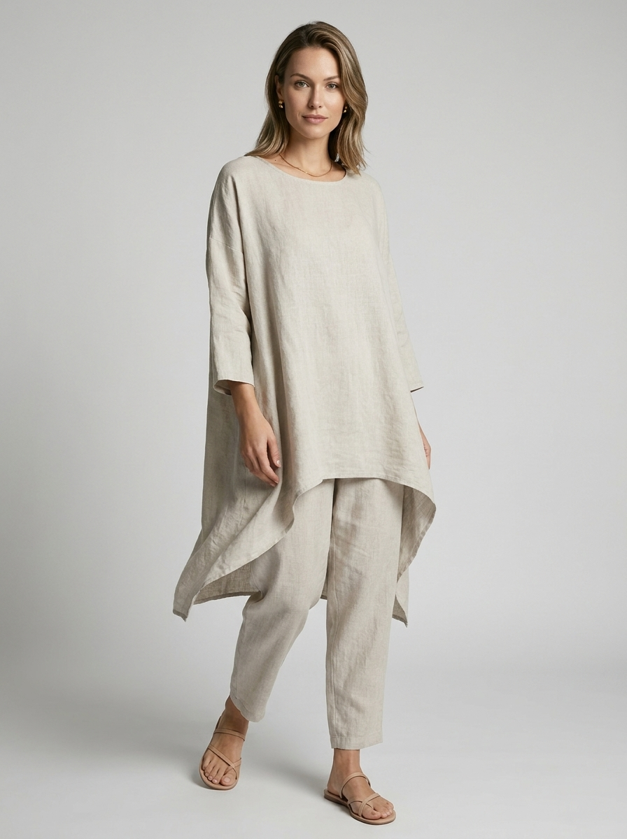 Women's white tunic and pants two piece set with loose fit