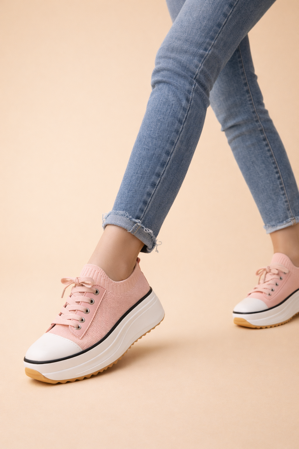 Women's white knit platform sneakers with lace-up front