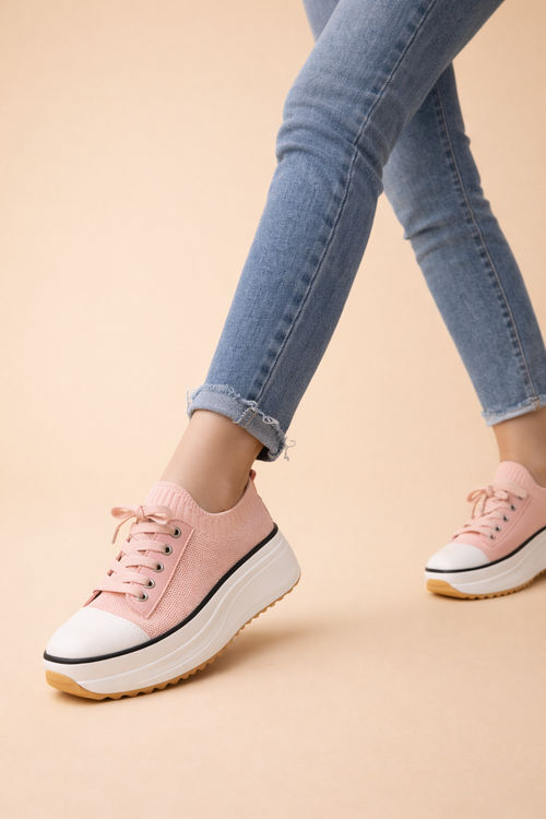 Women's white knit platform sneakers with lace-up front