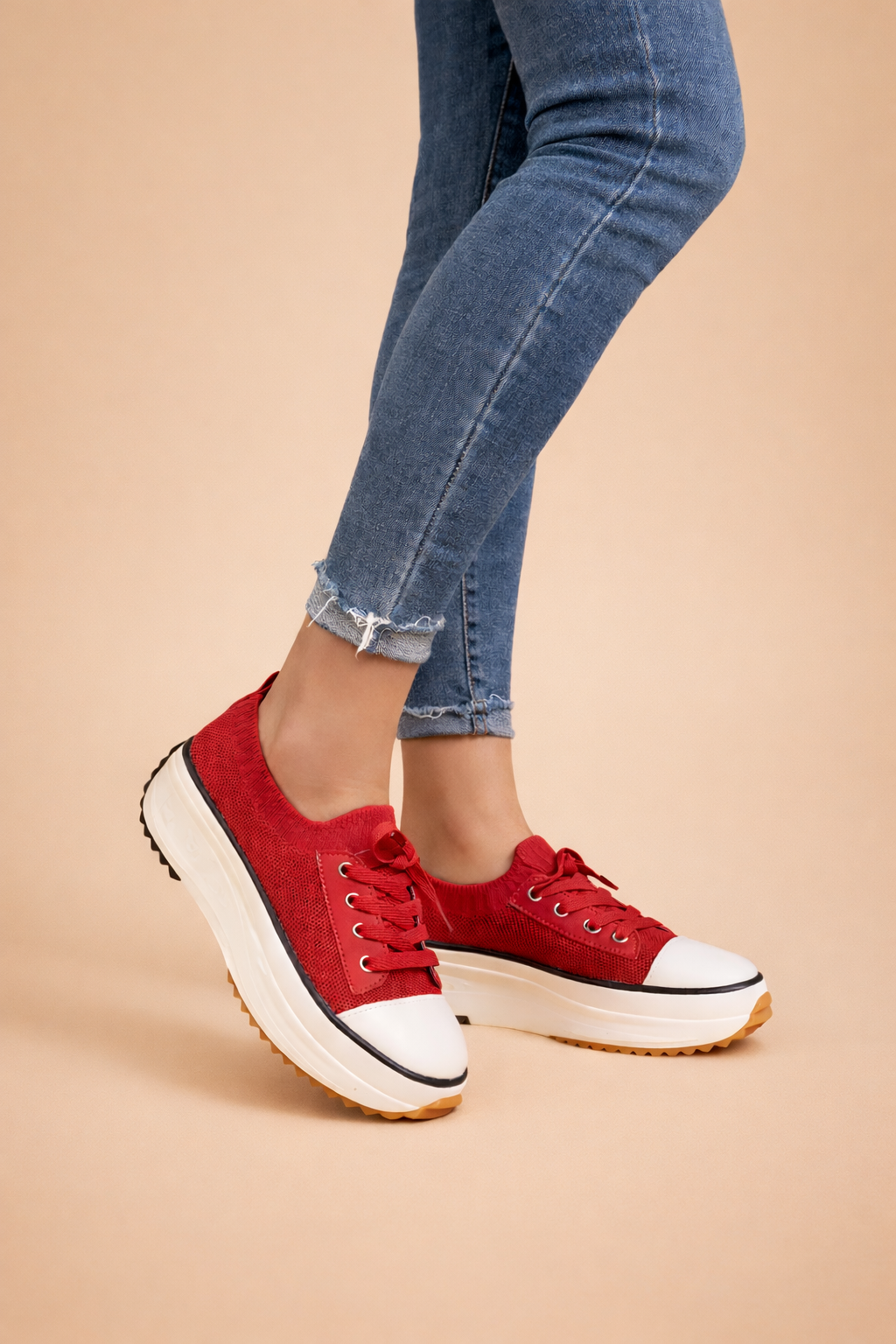 Women's white knit platform sneakers with lace-up front