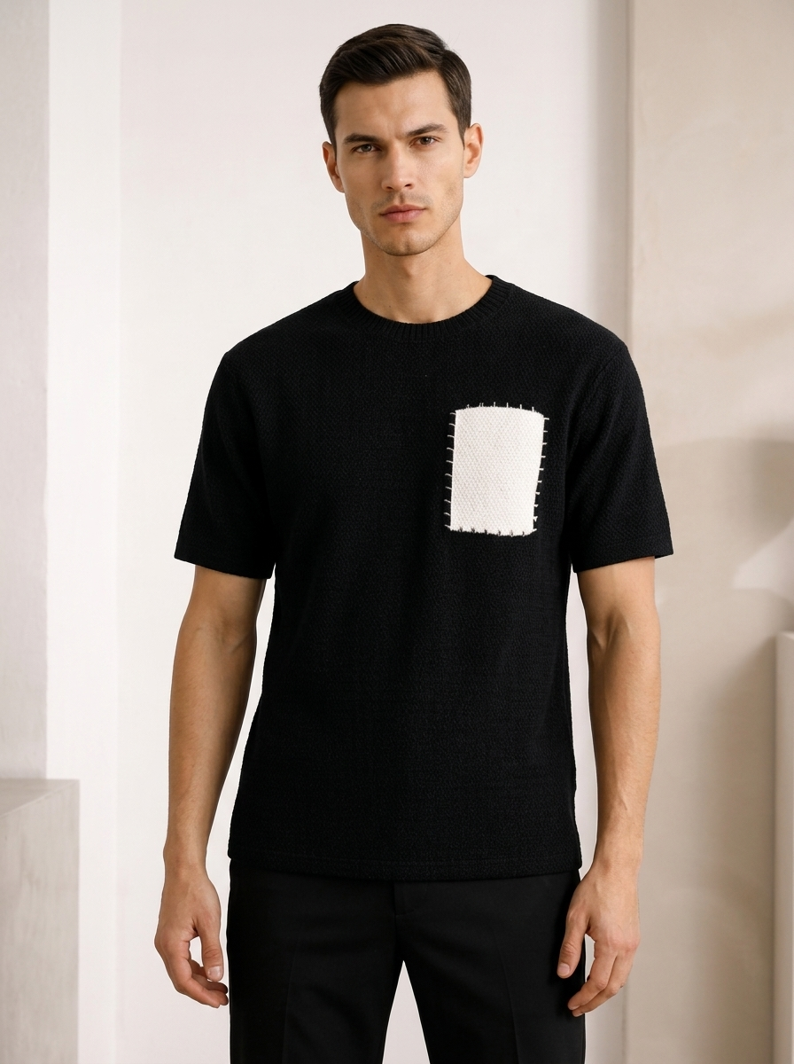 Men's white textured cotton t-shirt with contrast chest pocket