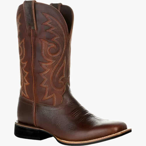 Men's brown western cowboy boots with stitched shaft and block heel