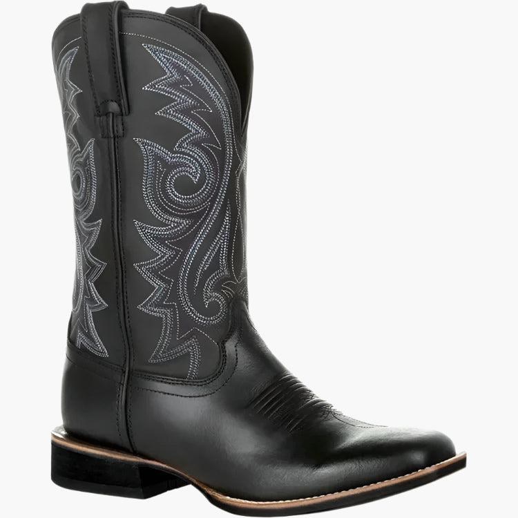 Men's brown western cowboy boots with stitched shaft and block heel