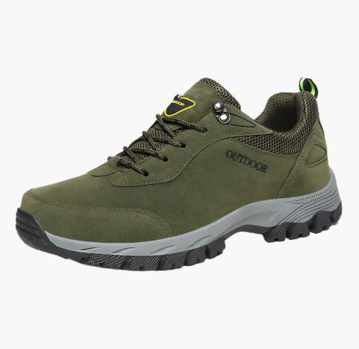 Men's grey waterproof hiking shoes with deep tread grip outsole