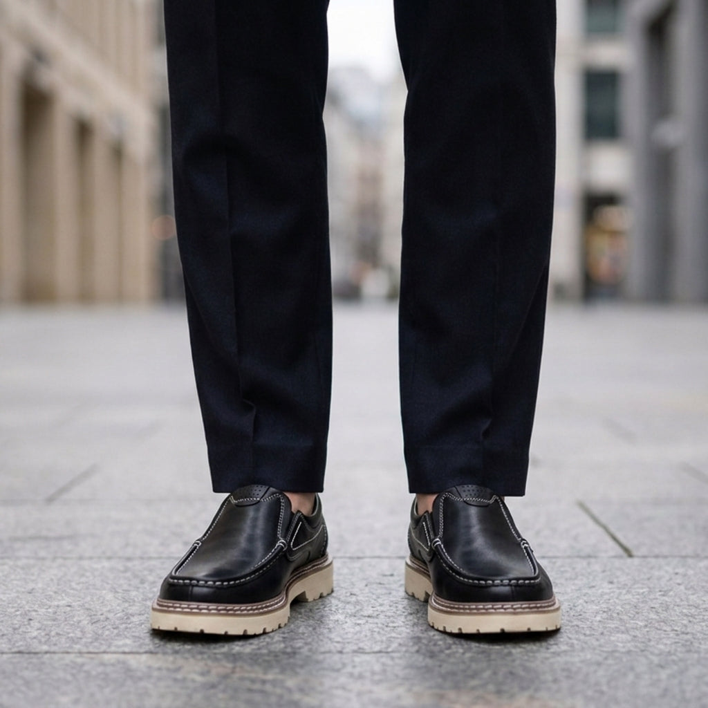 Men's chestnut brown leather look slip-on loafers with moc toe
